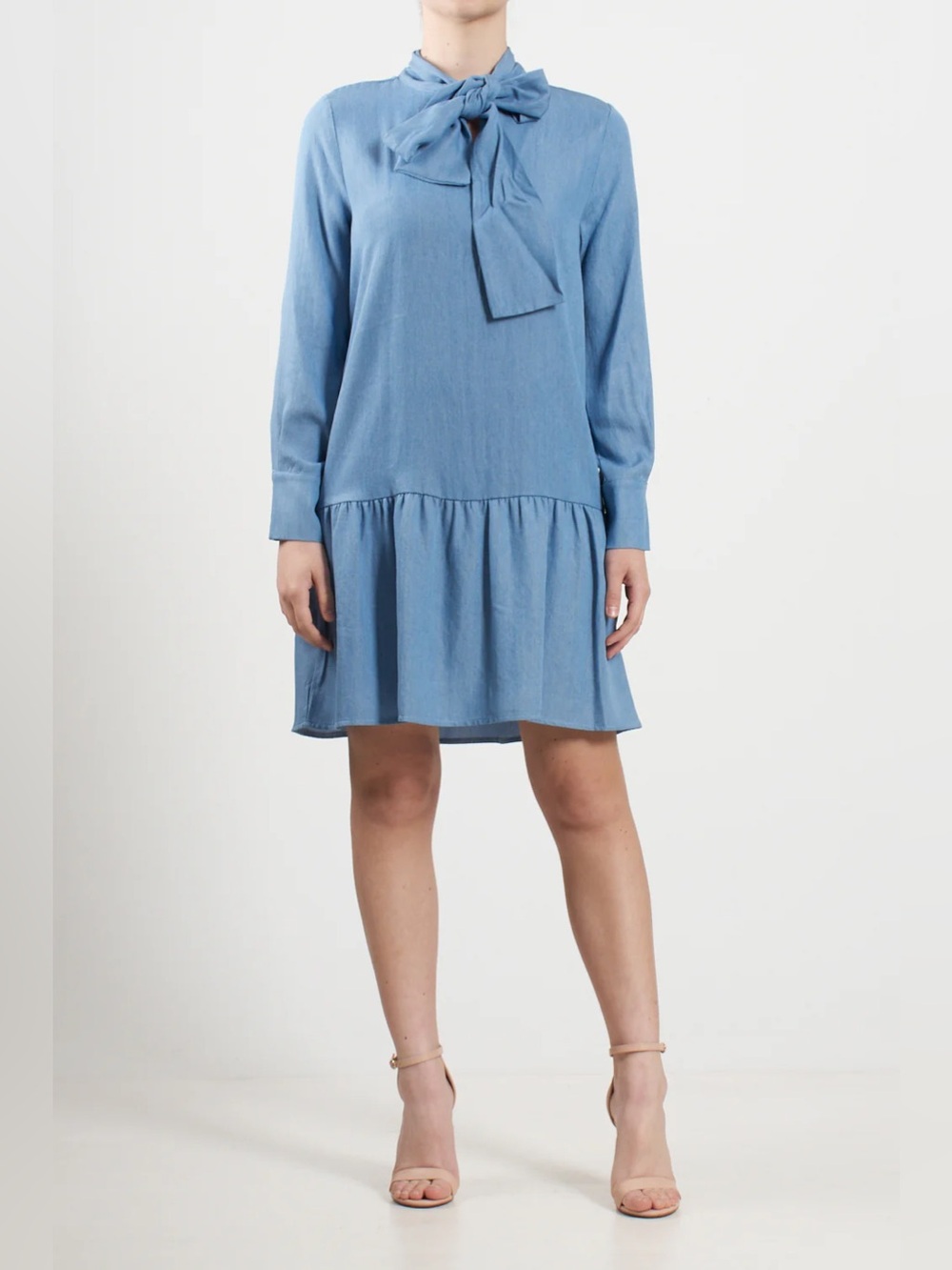 Tensione In Blue Neck Tie Long Sleeve Dress